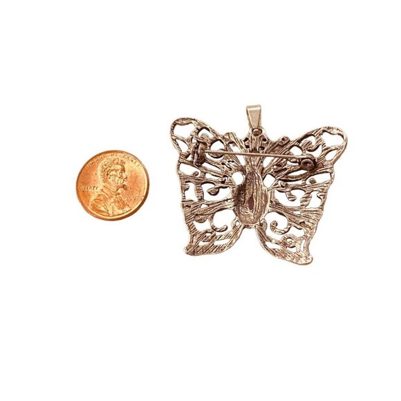 Silvertone Butterfly Pendant Brooch Purple Jewel 1.5" Filigree Style - Picture 8 of 14